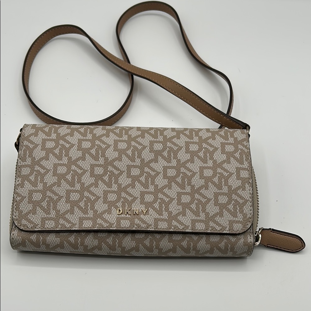 DKNY Brown Leather Trim Crossbody Bag with Monogram Print